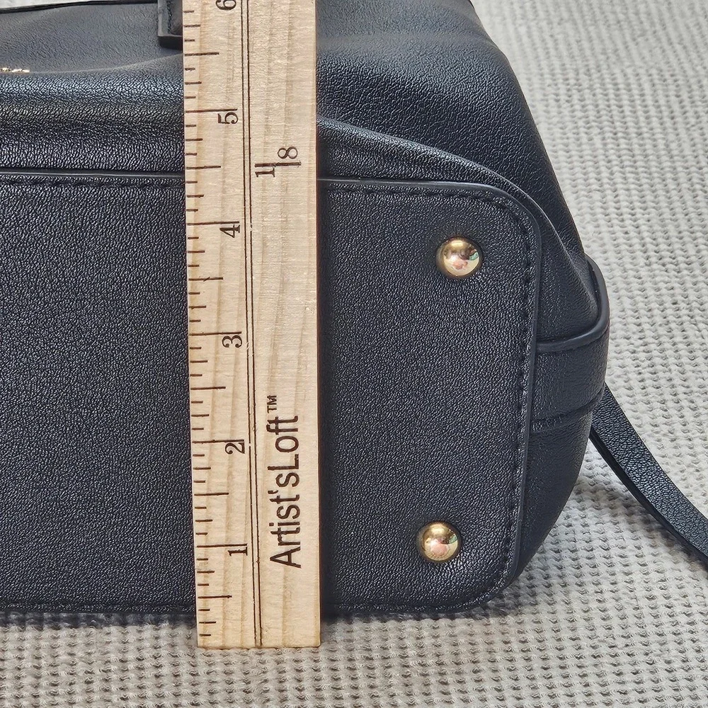 Nine West Black Pebbled Faux Leather Satchel Bag Gold Hardware Three Compartment